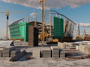 3D Modern Stadium Construction Site Crane Machinery Building PBR model