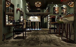 3D Vintage barber shop  with reception desk chair