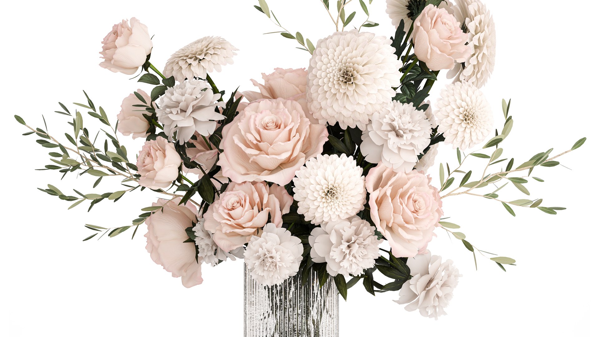 3D Model Bouquet Of Pink White Flowers Chrysanthemum Roses Peony 392 ...