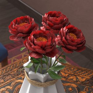 Geometric Ceramic Vase with Dark Red Peonies