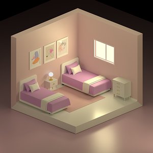 Girl Isometric bedroom Two Bedssisters 3D model