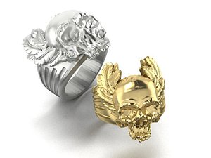 3D mens ring skull feathers