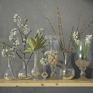 3D Collection of Glass Vases with Plants and Quail Eggs