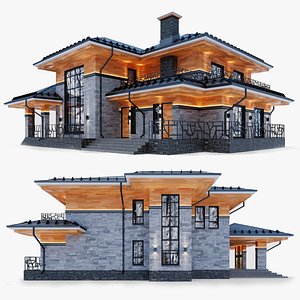 Two-story house in the Wright style 3D model