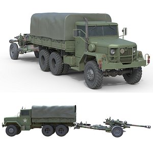 3D Military Truck m35a2 with Field Howitzer M119