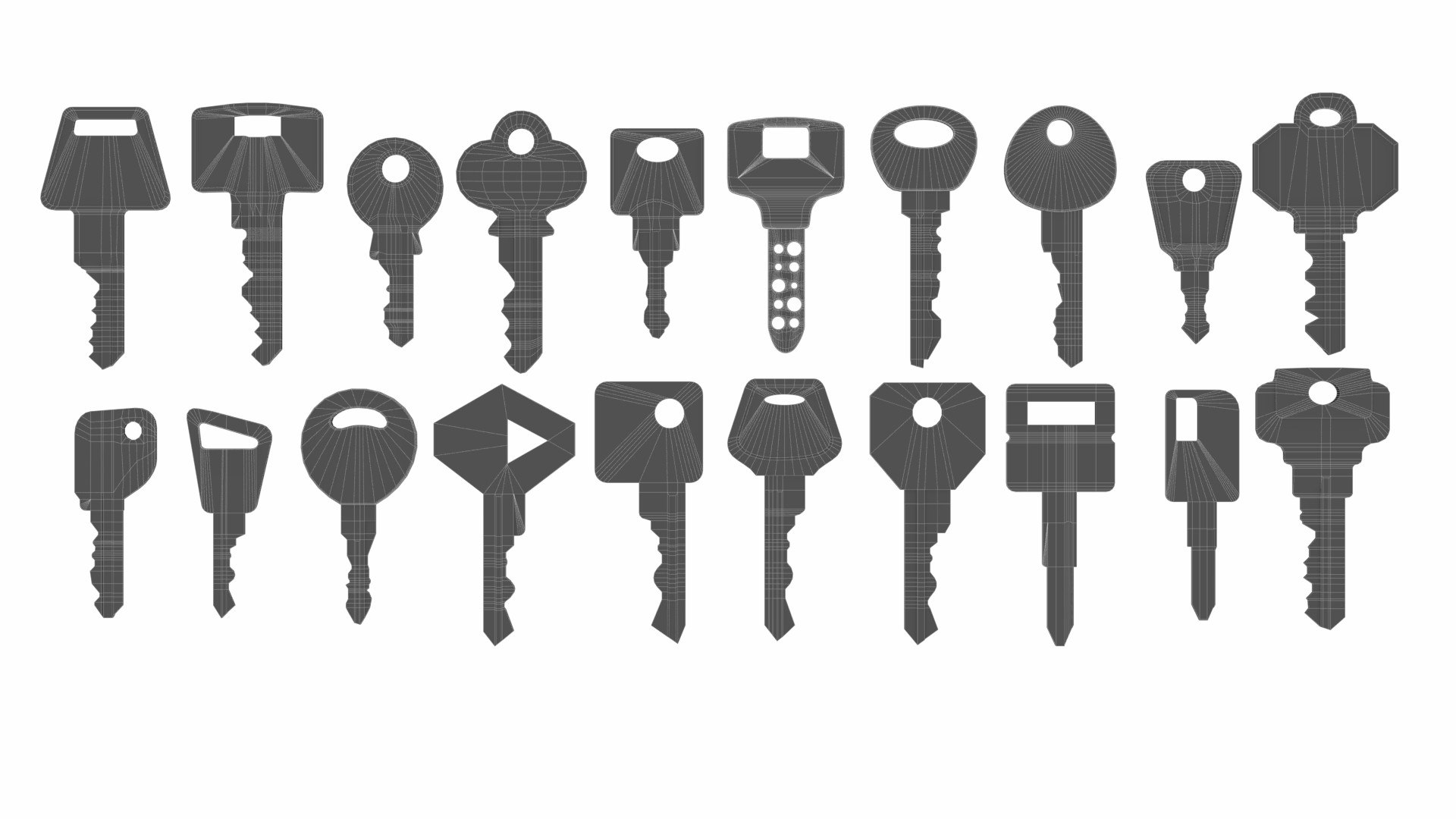 3D Collection of 20 flat keys https://p.turbosquid.com/ts-thumb/Bq/SQwFpc/3K/wire/jpg/1648719988/1920x1080/fit_q87/85738df2c2d5382e29d24f38f8d51ce2a17a6d76/wire.jpg