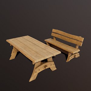 Outdoor table and bench low poly