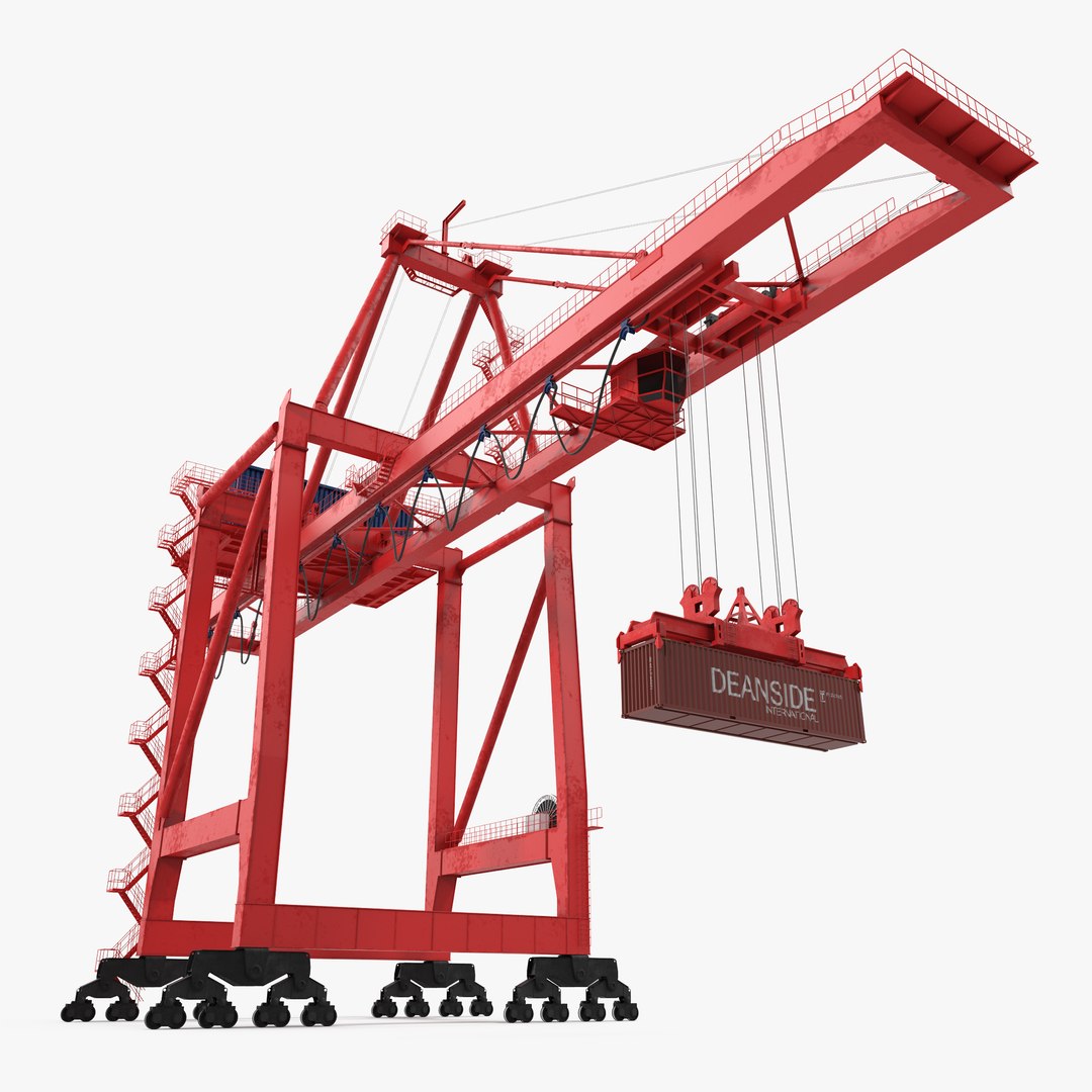 Port Container Crane Rigged Red with Container 3D model preview