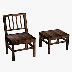 Old Wooden chair with table 3D