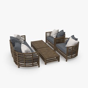 Set of Garden Rounded Sofa Armchairs and Table 3D model