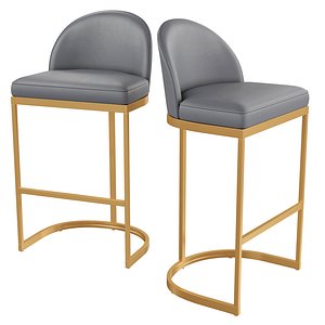 Gray PU Leather Upholstered Bar Stool in Gold Set of 2 3D