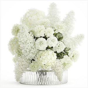 Realistic Bouquet White Flowers Lilac Hydrangea peony vase glass 3D