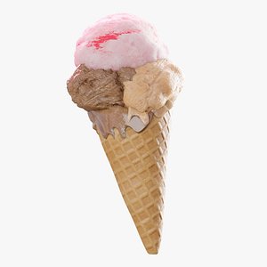 Melting Ice Cream Cone with Chocolate Melon and Strawberry Flavor