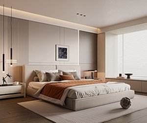 Double bed modern simple bedroom interior scene