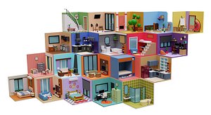 3D Stylized Modular House Kit  Isometric 3D Rooms for Games  VR