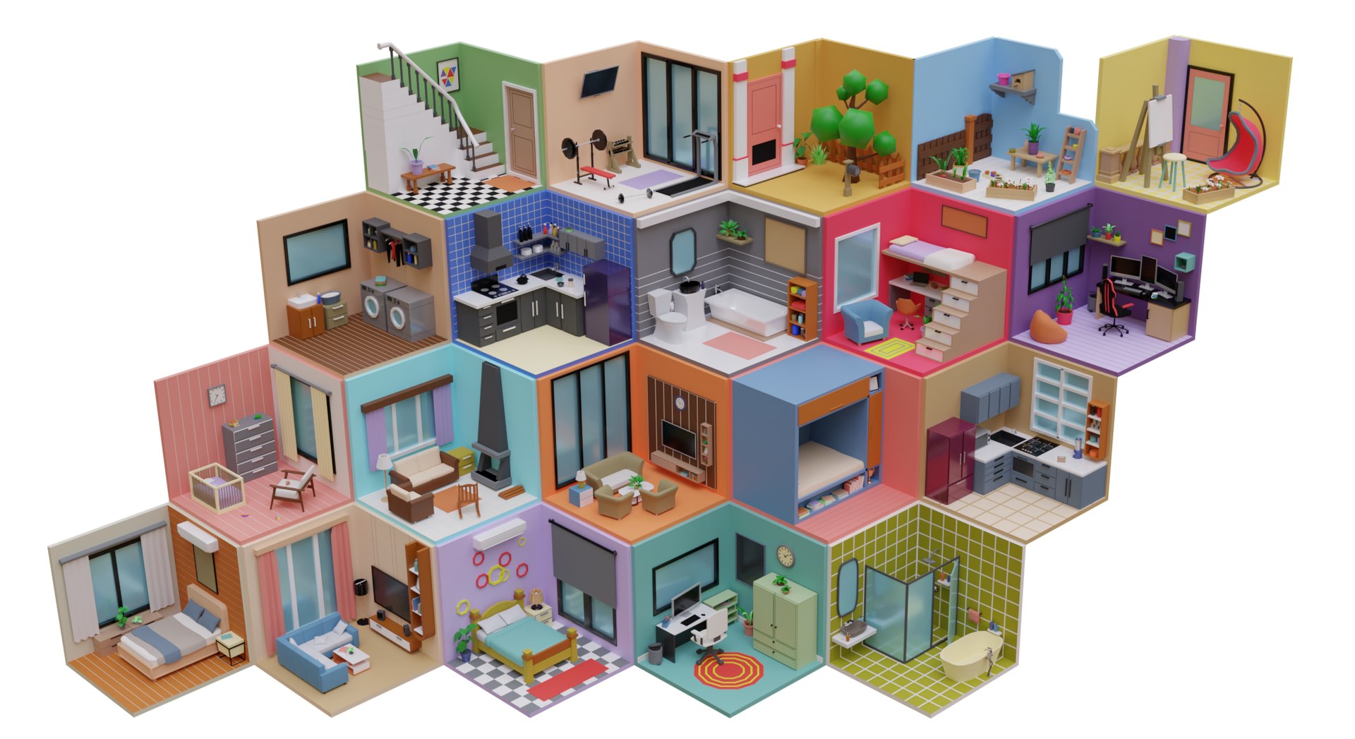 3D Stylized Modular House Kit Isometric 3D Rooms For Games VR ...