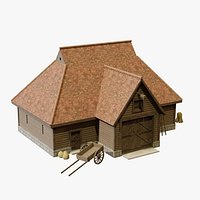 Medieval Timber Barn with Wagon Porch - Game Ready PBR