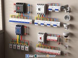 Industrial switchboard with circuit breaker and wiring 3D
