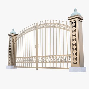 3D Ornamental Wrought Iron Entrance Gate With Pillars 3D Model
