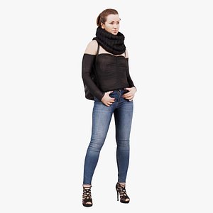 Woman in Jeans Black Top and Scarf 1 Remastered 3D model