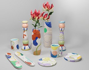 3D Modern Clay Decor Set - Memphis Style with Gloriosa Lily 3D model