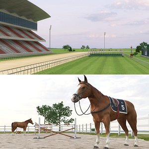 Horse Track and Riding Arena with Horses 3D model