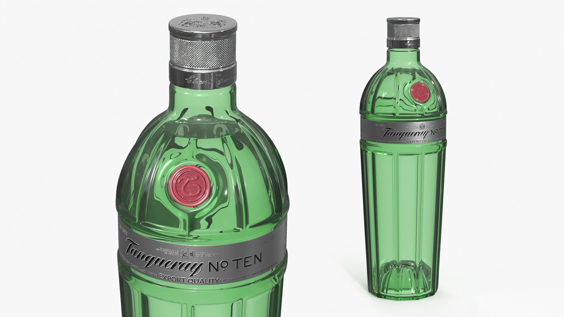 Tanqueray No TEN Gin Glass Bottle Green 3D model for industrial visualization, technical presentation, simulation, product rendering, and animation