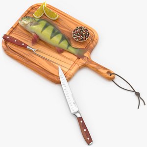 Raw Yellow Perch with Seasoning and Lemon on Board 3D