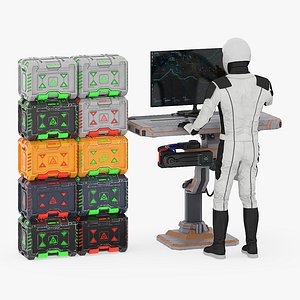 3D Futuristic Control Station with Astronaut and Sci-Fi Crates