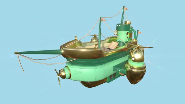 Cartoon Airship 04 - Green Gold - Low Poly Ship 3D model