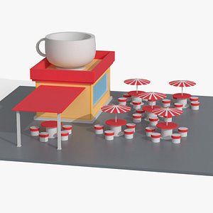 Low Poly Coffee Shop with Patio Tables