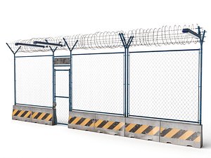 Security Fence With Barbed Wire And Concrete Barriers