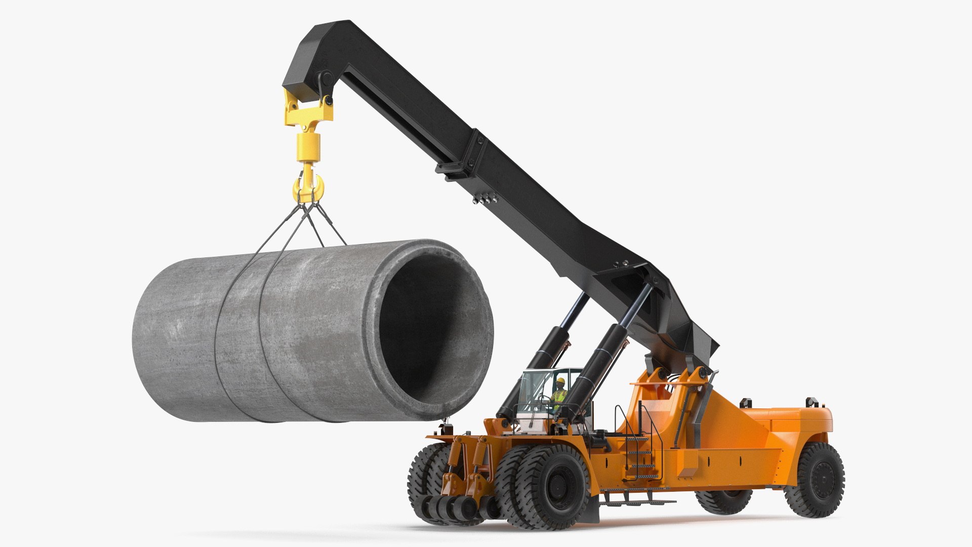 Worker on a Reachstacker Loading Concrete Pipes 3D model preview