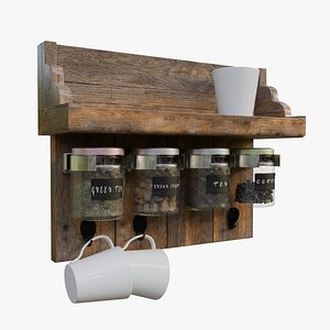 3D Wooden Wall Shelf with Glass Storage Jars and Mug Hooks