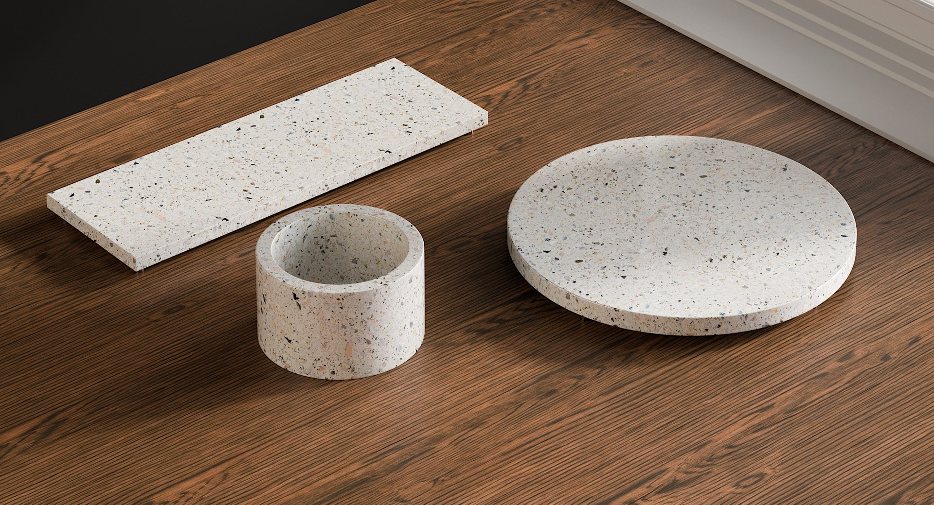 realistic terrazzo serving pieces 3D model https://p.turbosquid.com/ts-thumb/CL/Uj1qtH/7gP24kw1/_view01/jpg/1572435588/1920x1080/fit_q87/6390db7495023e162edce9a1cde2b4bc03e6800e/_view01.jpg