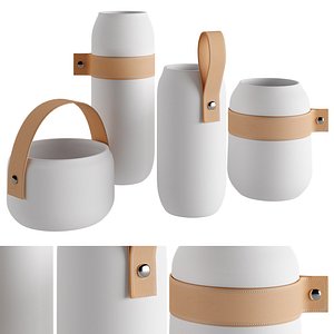 3D Set 4 Ceramic Vases Leather White
