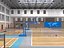 Modello 3D di un'ampia arena polisportiva al coperto con campo da basket.