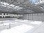 Modello 3D di un'ampia arena polisportiva al coperto con campo da basket.