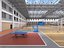 Modello 3D di un'ampia arena polisportiva al coperto con campo da basket.
