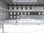 Modello 3D di un'ampia arena polisportiva al coperto con campo da basket.