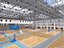 Modello 3D di un'ampia arena polisportiva al coperto con campo da basket.