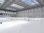 Modello 3D di un'ampia arena polisportiva al coperto con campo da basket.