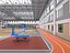 Modello 3D di un'ampia arena polisportiva al coperto con campo da basket.