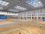 Modello 3D di un'ampia arena polisportiva al coperto con campo da basket.