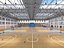 Modello 3D di un'ampia arena polisportiva al coperto con campo da basket.