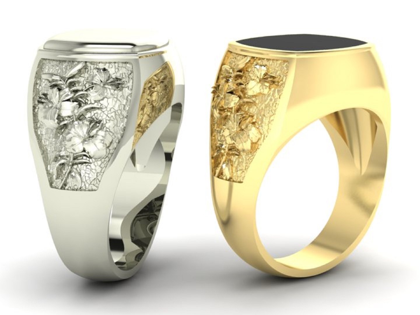 3D signet mens ring with a pattern of lilies and a black onyx stone ...