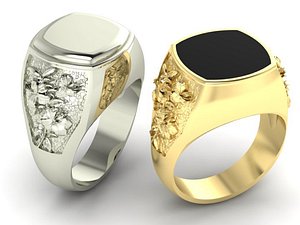 3D signet mens ring with a pattern of lilies and a black onyx stone model