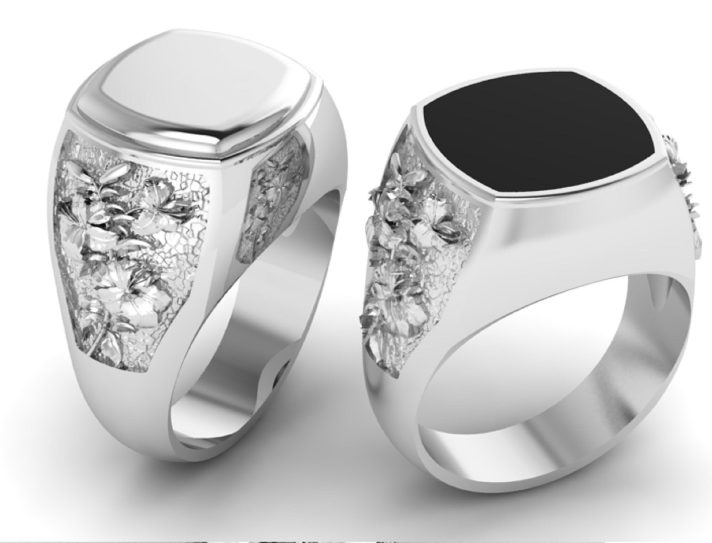 3D signet mens ring with a pattern of lilies and a black onyx stone ...