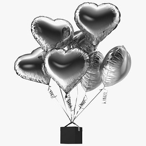 Bouquet of Silver Heart Balloons with Gift Box 3D