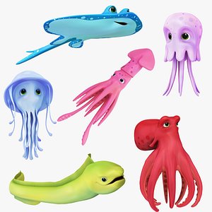 Cartoon Sea Creatures Collection 6 in 1 3D model